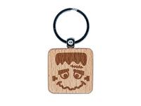 Halloween Frankenstein Face Engraved Wood Square Keychain Tag Charm