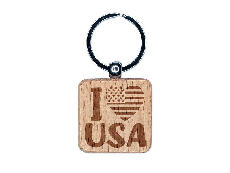 I Heart Flag USA Patriotic Fourth of July Engraved Wood Square Keychain Tag Charm
