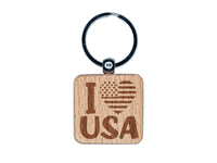 I Heart Flag USA Patriotic Fourth of July Engraved Wood Square Keychain Tag Charm