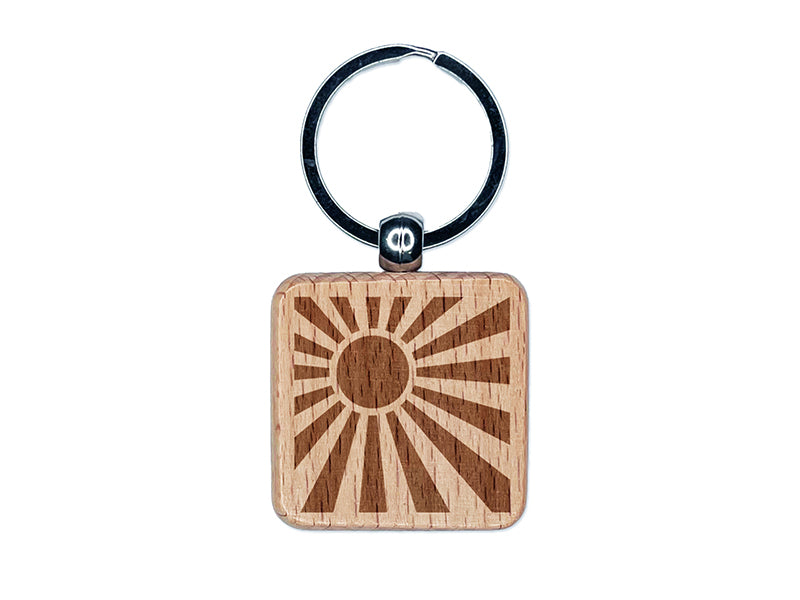 Shining Sun Rays Engraved Wood Square Keychain Tag Charm