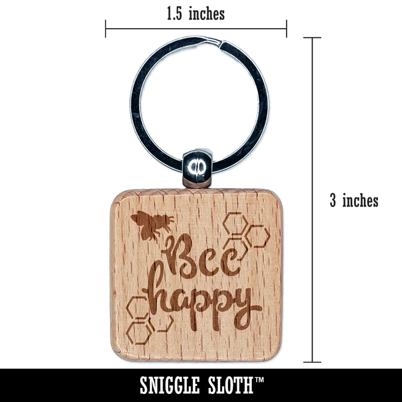 Bee Be Happy Honeycomb Engraved Wood Square Keychain Tag Charm