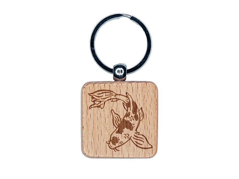 Butterfly Koi Fish Carp Engraved Wood Square Keychain Tag Charm