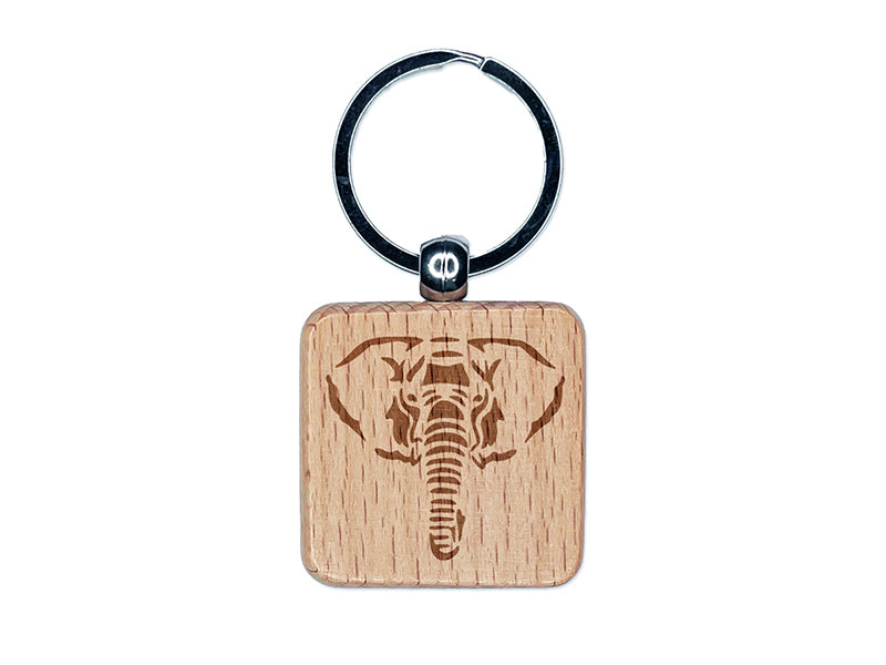 Elephant Face Engraved Wood Square Keychain Tag Charm