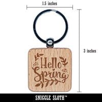 Hello Spring Floral Engraved Wood Square Keychain Tag Charm