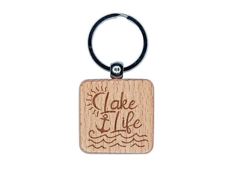 Lake Life with Anchor Engraved Wood Square Keychain Tag Charm