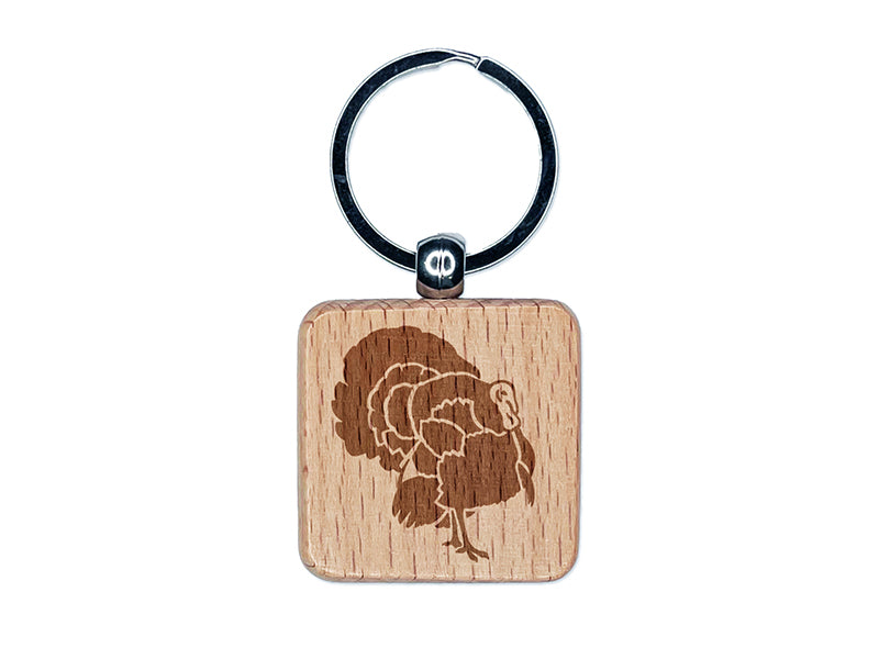 Male Turkey with Feathers Out Thanksgiving Engraved Wood Square Keychain Tag Charm