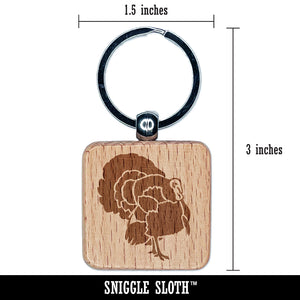 Male Turkey with Feathers Out Thanksgiving Engraved Wood Square Keychain Tag Charm