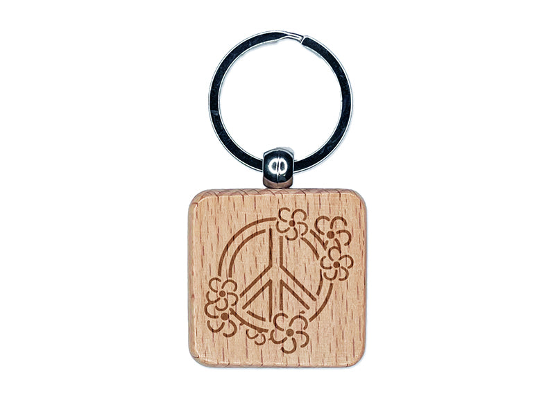 Peace Sign Surrounded by Flowers Engraved Wood Square Keychain Tag Charm