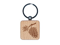 Pinecone on Branch Engraved Wood Square Keychain Tag Charm