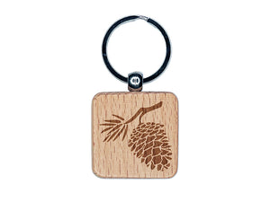 Pinecone on Branch Engraved Wood Square Keychain Tag Charm