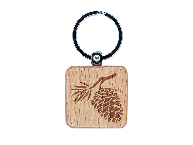 Pinecone on Branch Engraved Wood Square Keychain Tag Charm