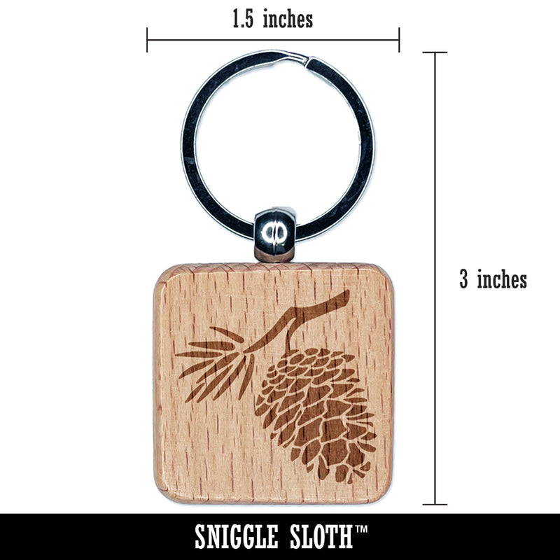 Pinecone on Branch Engraved Wood Square Keychain Tag Charm