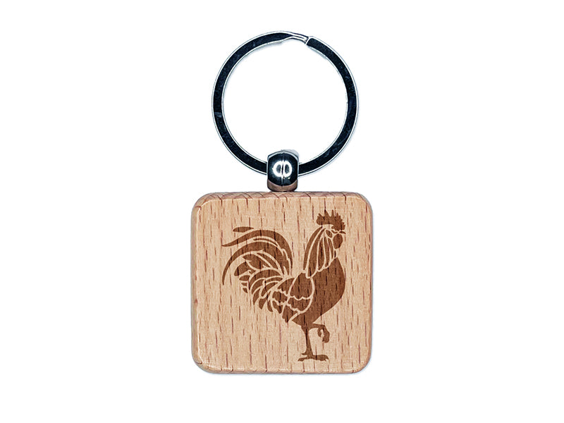 Rooster Strutting Farm Animal Chicken Engraved Wood Square Keychain Tag Charm