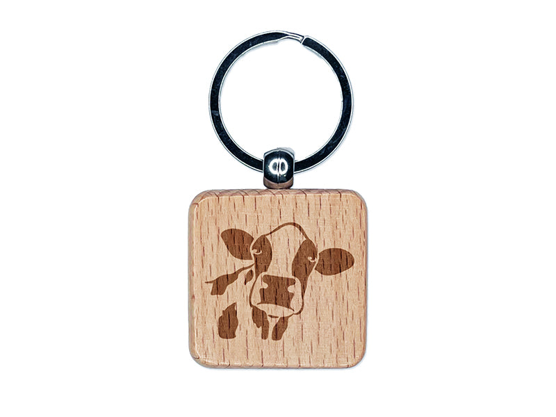 Silly Cow Face Engraved Wood Square Keychain Tag Charm