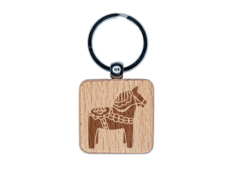 Swedish Dala Dalecarlian Horse Engraved Wood Square Keychain Tag Charm
