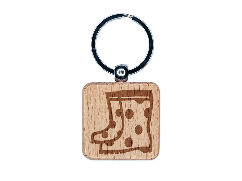 Adorable Summer Polka Dot Rain Boots Engraved Wood Square Keychain Tag Charm