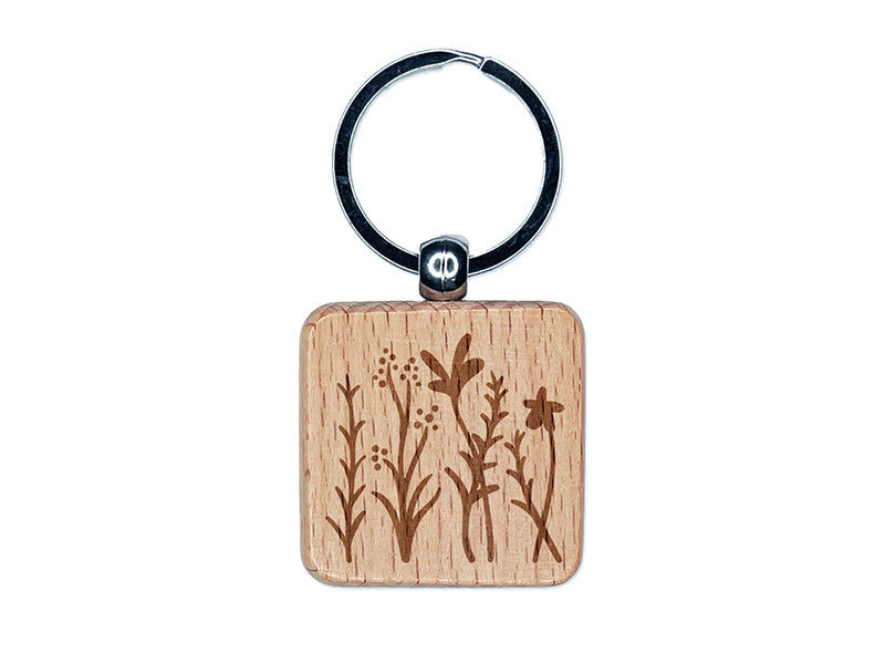 Adorable Summer Wildflowers for Repeating Pattern Engraved Wood Square Keychain Tag Charm