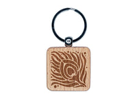 Artsy Peacock Feather Square Engraved Wood Square Keychain Tag Charm