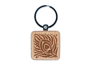 Artsy Peacock Feather Square Engraved Wood Square Keychain Tag Charm