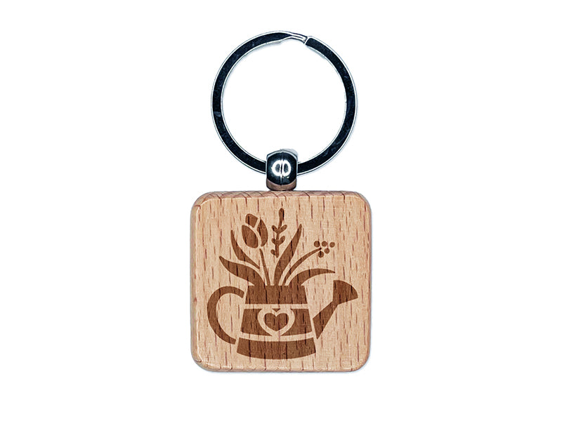 Charming Water Can with Spring Summer Flowers Gardening Engraved Wood Square Keychain Tag Charm
