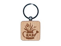 Charming Water Can with Spring Summer Flowers Gardening Engraved Wood Square Keychain Tag Charm