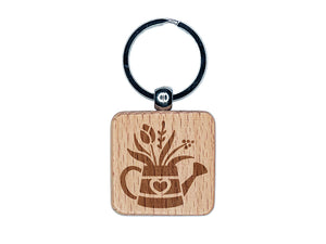 Charming Water Can with Spring Summer Flowers Gardening Engraved Wood Square Keychain Tag Charm