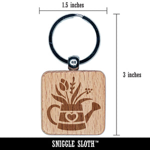 Charming Water Can with Spring Summer Flowers Gardening Engraved Wood Square Keychain Tag Charm