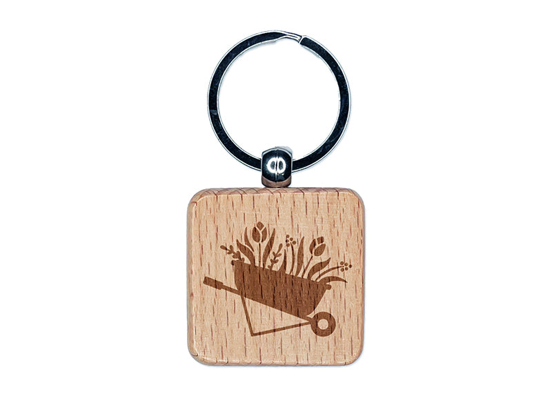 Darling Wheelbarrow Spring Summer Flowers Gardening Engraved Wood Square Keychain Tag Charm