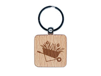 Darling Wheelbarrow Spring Summer Flowers Gardening Engraved Wood Square Keychain Tag Charm