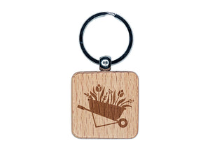 Darling Wheelbarrow Spring Summer Flowers Gardening Engraved Wood Square Keychain Tag Charm