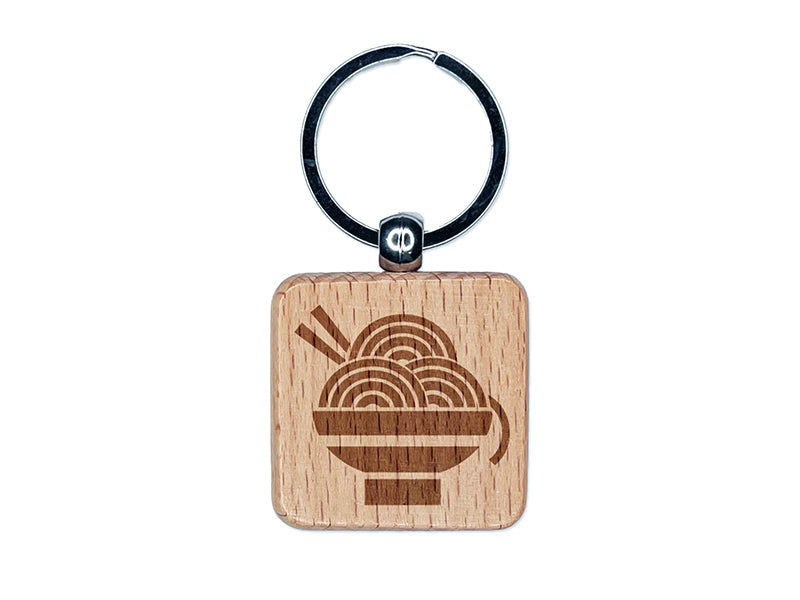 Delicious Ramen Noodles with Chopsticks Engraved Wood Square Keychain Tag Charm