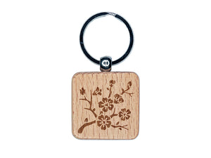 Cherry Blossom Sakura Floral Flower Bud Branch Engraved Wood Square Keychain Tag Charm