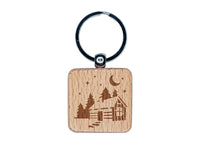 Cozy Log Cabin Outdoors Trees Woods Engraved Wood Square Keychain Tag Charm