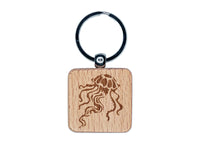 Elegant Compass Jellyfish Floating in the Ocean Engraved Wood Square Keychain Tag Charm