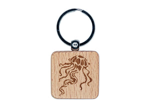 Elegant Compass Jellyfish Floating in the Ocean Engraved Wood Square Keychain Tag Charm