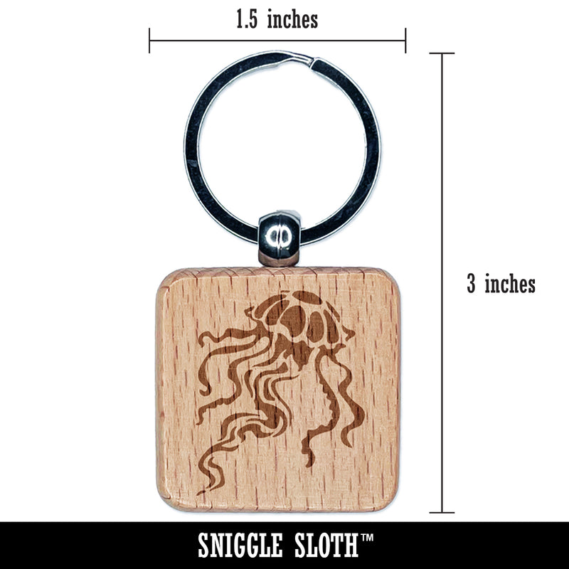 Elegant Compass Jellyfish Floating in the Ocean Engraved Wood Square Keychain Tag Charm