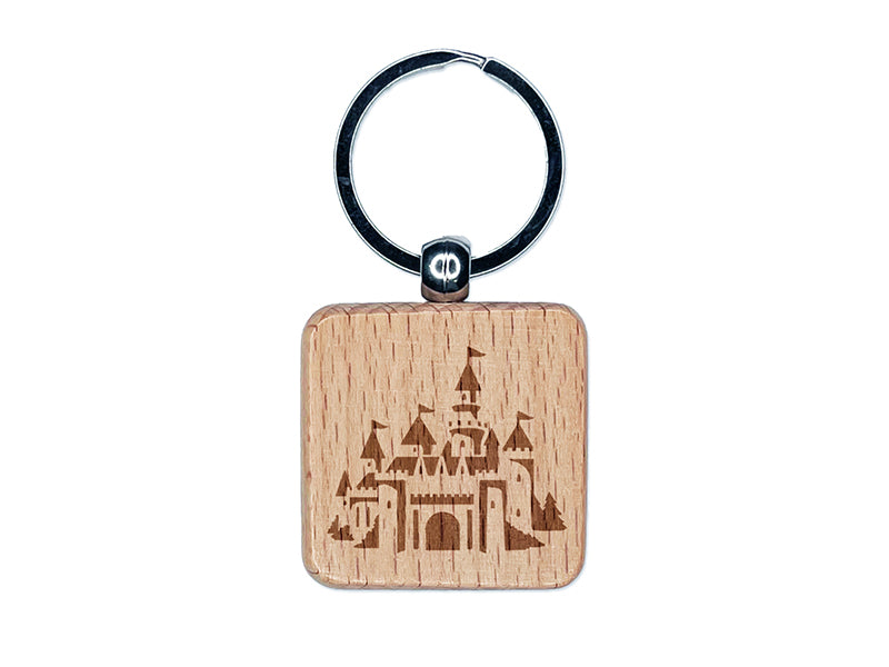 Fantasy Fairytale Castle with Towers Engraved Wood Square Keychain Tag Charm