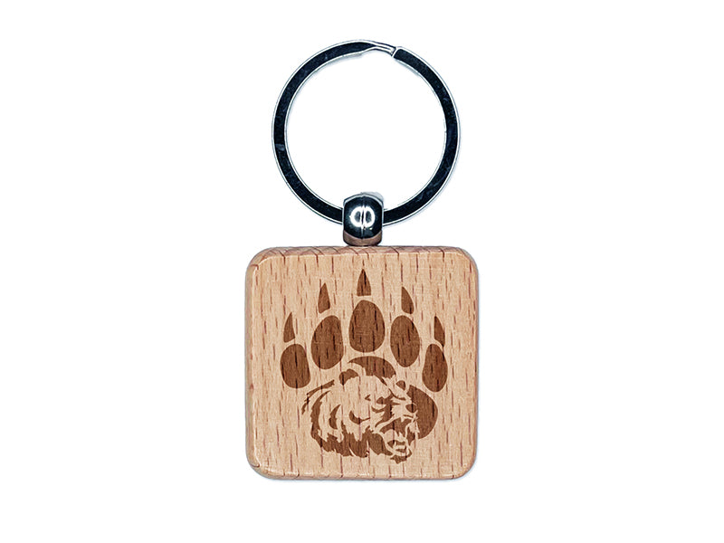 Grizzly Bear Head in Claw Paw Engraved Wood Square Keychain Tag Charm