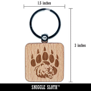 Grizzly Bear Head in Claw Paw Engraved Wood Square Keychain Tag Charm