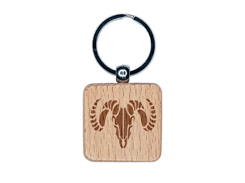 Ram Skull with Curved Horns Engraved Wood Square Keychain Tag Charm