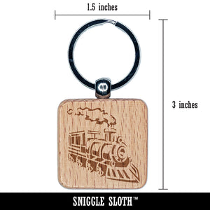 Train Steam Engine Locomotive Transportation Vehicle Engraved Wood Square Keychain Tag Charm