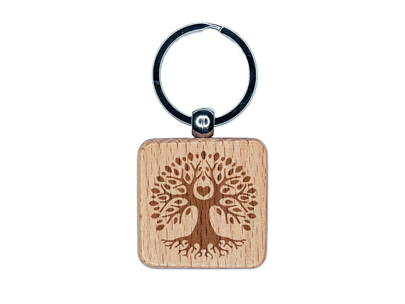 Tree of Life with Heart in Branches Engraved Wood Square Keychain Tag Charm