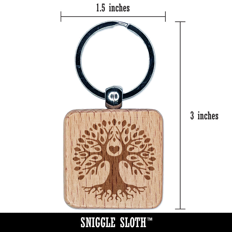 Tree of Life with Heart in Branches Engraved Wood Square Keychain Tag Charm
