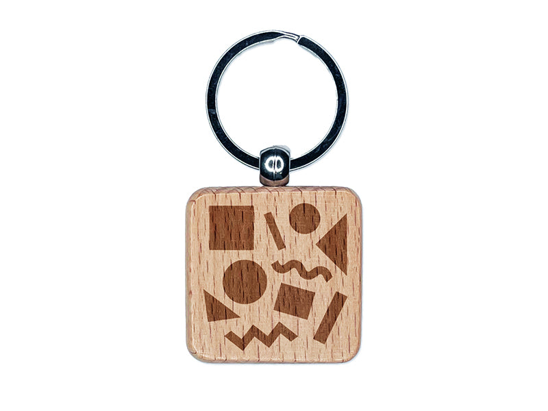 80s 90s Shapes Circle Square Squiggle Geometric Pattern Engraved Wood Square Keychain Tag Charm