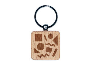 80s 90s Shapes Circle Square Squiggle Geometric Pattern Engraved Wood Square Keychain Tag Charm