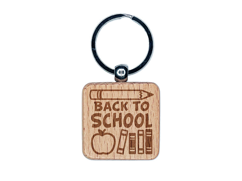 Back to School Pencil Apple Books Engraved Wood Square Keychain Tag Charm