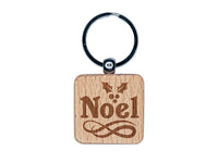 Christmas Noel Holly Engraved Wood Square Keychain Tag Charm