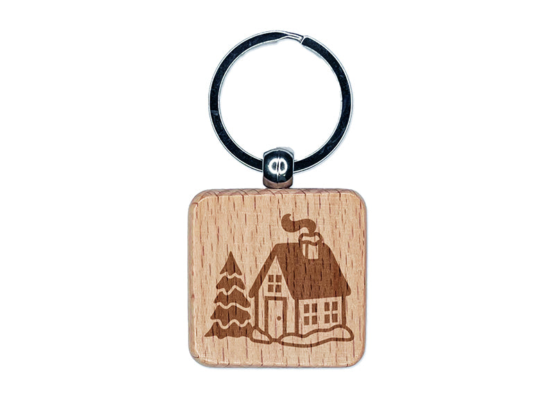 Christmas Winter House Engraved Wood Square Keychain Tag Charm