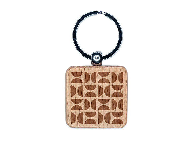 Geometric Half Circle Pattern Engraved Wood Square Keychain Tag Charm