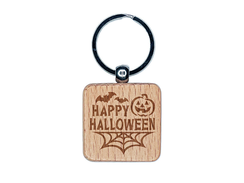 Happy Halloween Bats Spider Web Jack-O'-Lantern  Engraved Wood Square Keychain Tag Charm